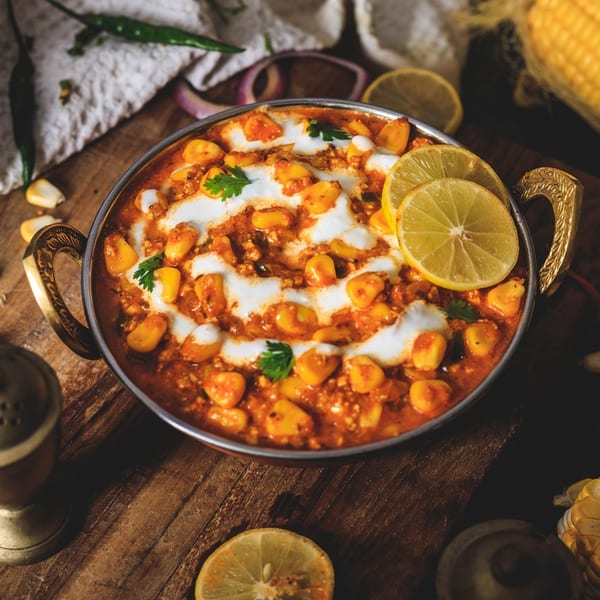 Indian corn curry, garnished with cream, cilantro, and lemon slices, in a brass bowl.