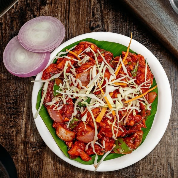 Sai Bhavan's Indian chili chicken, garnished with shredded cabbage and carrots, on a banana leaf.