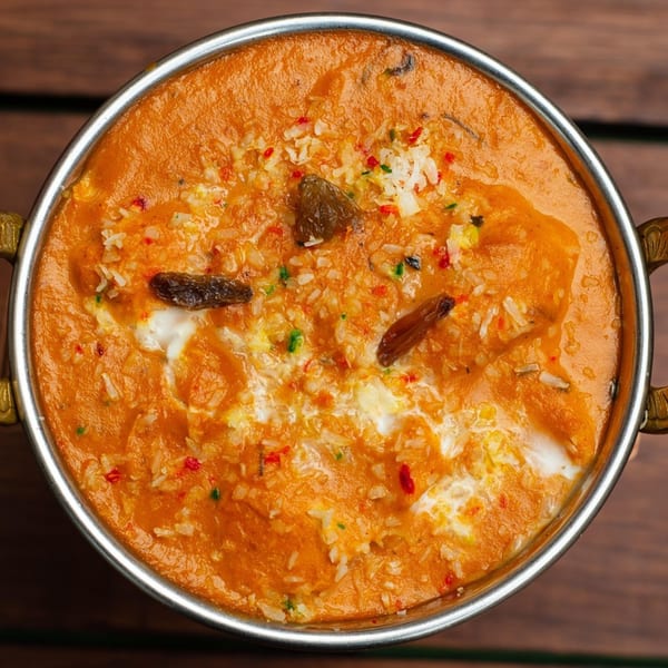 Sai Bhavan's Indian dessert, Shahi Tukda, in a metal bowl, topped with cream, nuts, and spices.