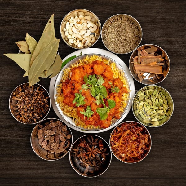Indian chicken biryani with rice, garnished with mint, surrounded by bowls of spices and cashews.